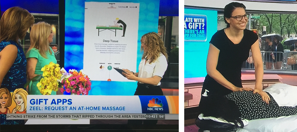 Kathie Lee and Hoda chat about the Zeel app on the Today Show while ZMT Ally Rotondo gives an on-air massage.