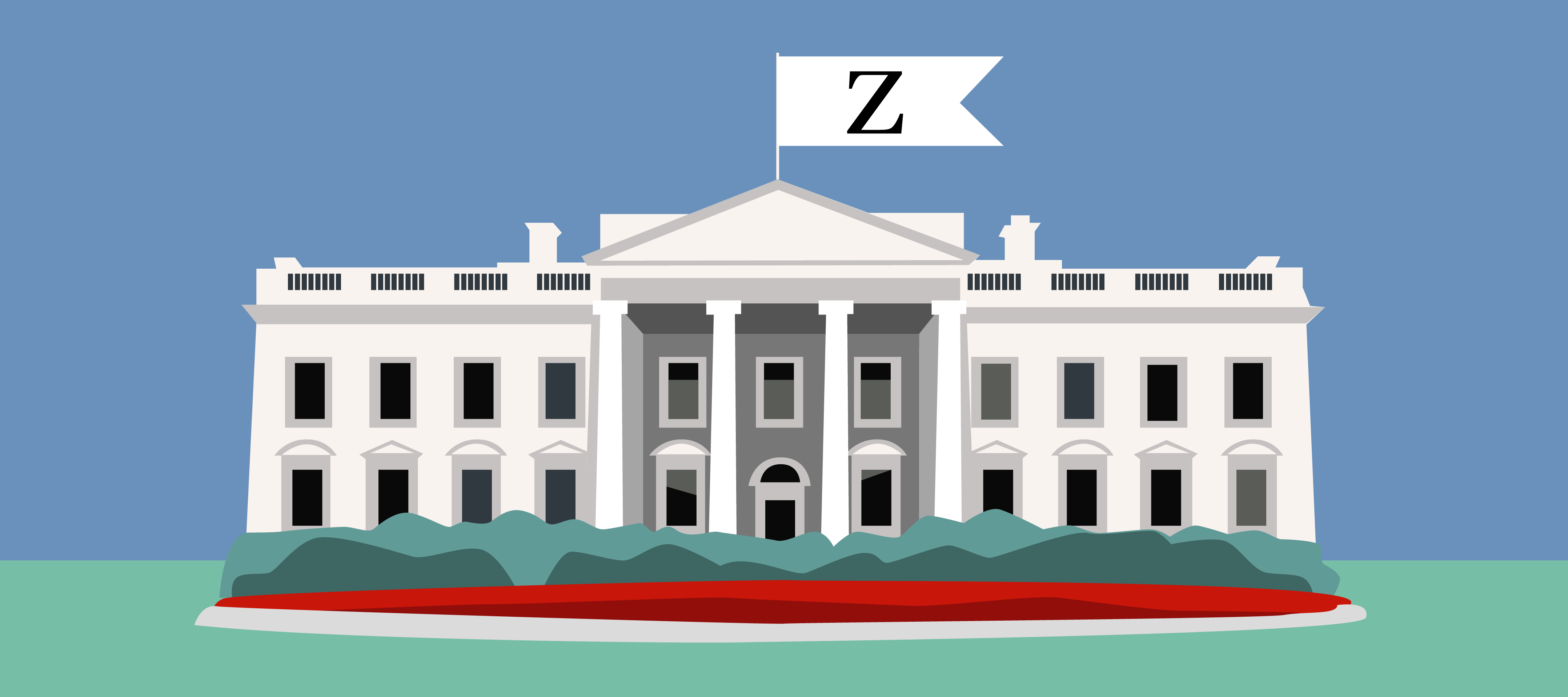 Cartoon illustration of the white house with a Zeel "Z" flag flying at the top