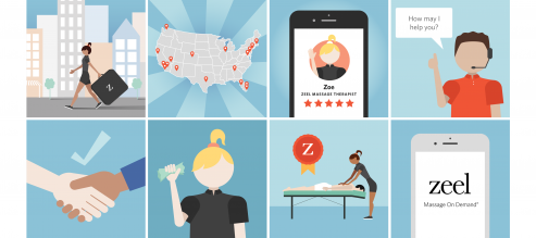Cartoon graphics illustrate the eight reasons why Zeel is the first and best choice of on-demand, in-home massage apps!