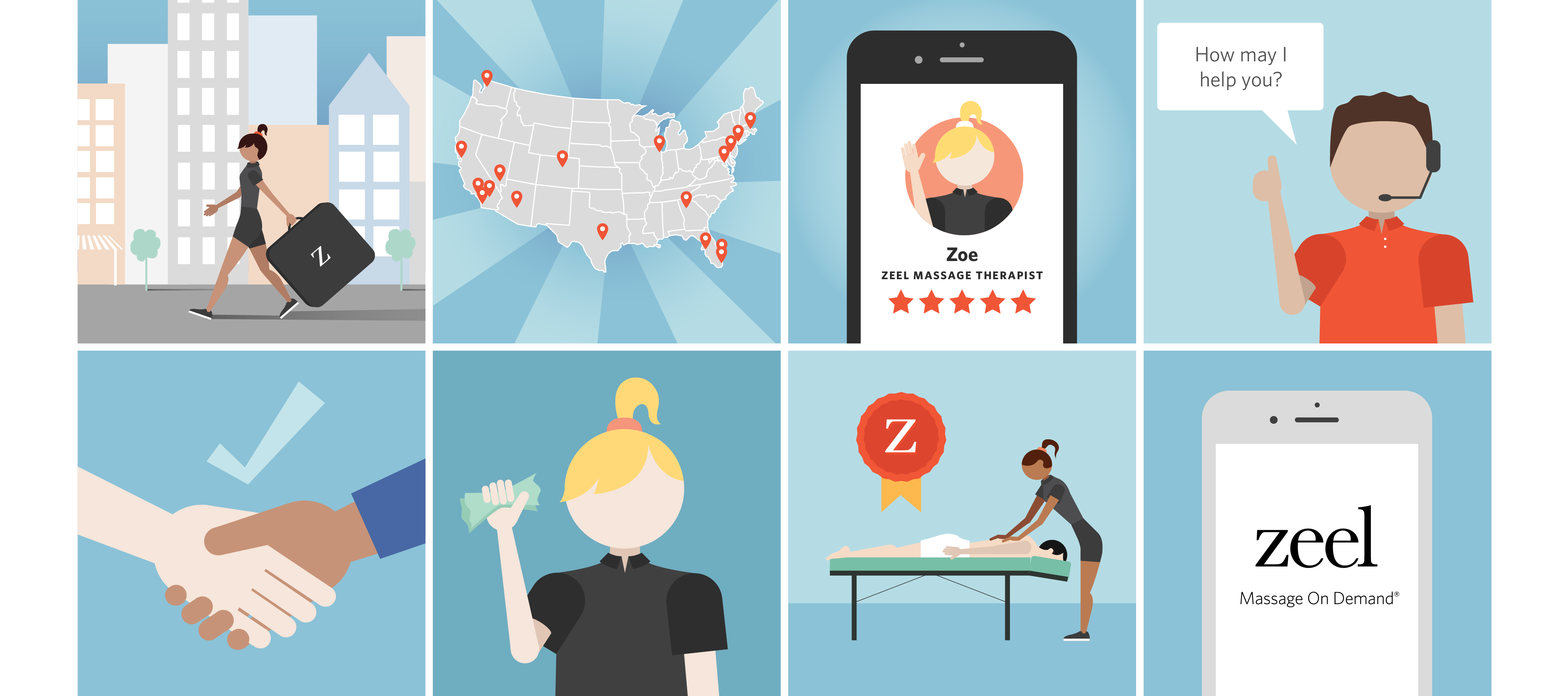Cartoon graphics illustrate the eight reasons why Zeel is the first and best choice of on-demand, in-home massage apps!