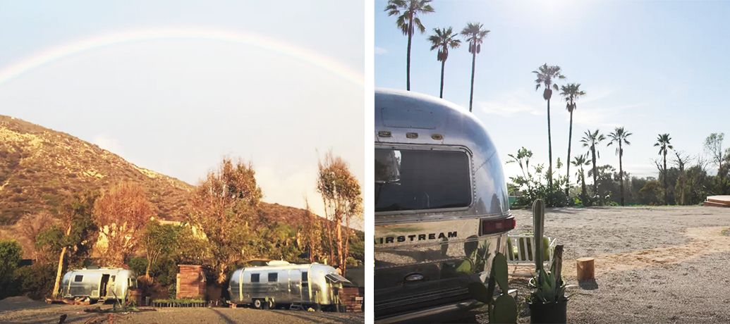 A two-set of photos show a classic airstream against a California sunset, with palm trees and a rainbow in the distance.
