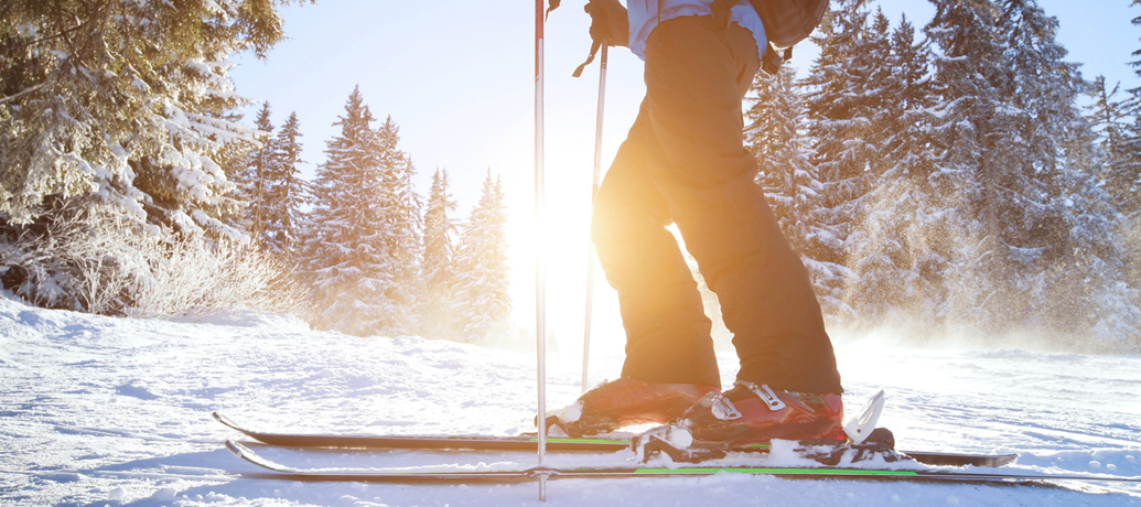 A skier stops short of the camera as the sun flares brightly through snow-frosted pine trees.