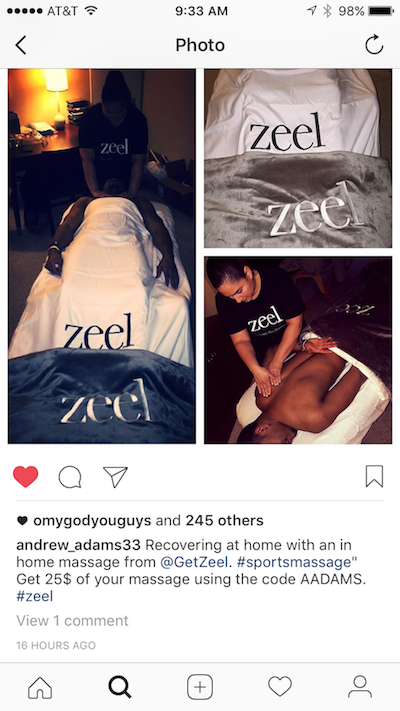 New York Giants safety Andrew Adams enjoys a Zeel Massage at his home