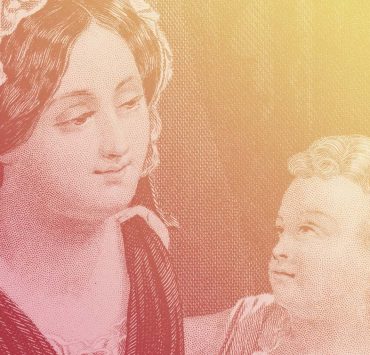 A statue of a woman and a litting boy looking at each other lovingly.