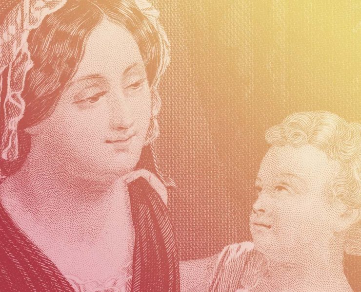 A statue of a woman and a litting boy looking at each other lovingly.