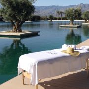 A massage table sitting outdoors for the patient's session.