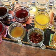 A variety of teas sitting on a tray to choose from to help the user with brain fog.